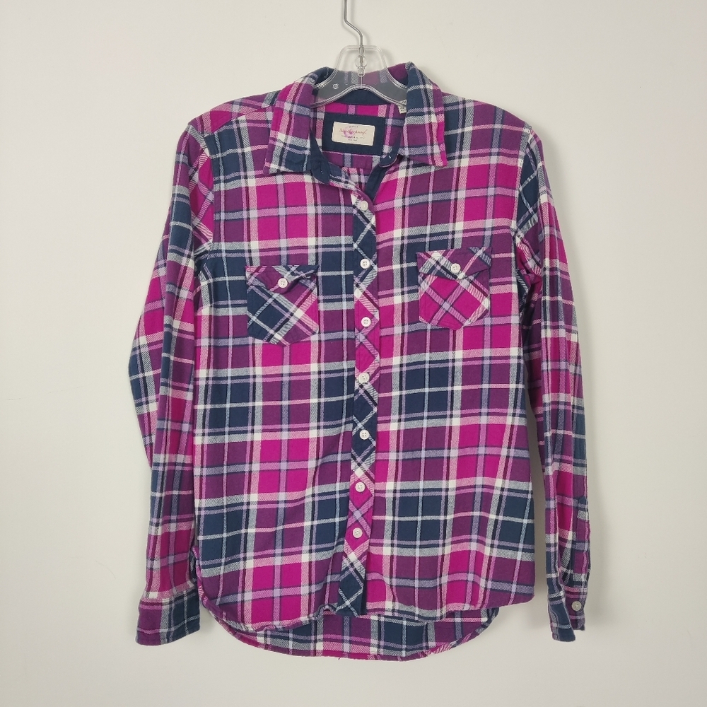 Weatherproof Vintage Women's Flannel Plaid Button Down Shirt Pink Blue Size Med